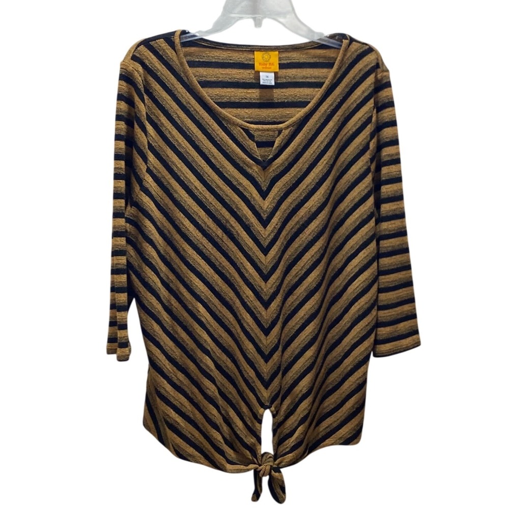 Ruby Rd Woman Mustard Black Striped Chevron Tie Front V-Neck Knit Top‎ 1X Plus - Picture 5 of 7